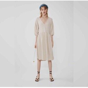 Zara Womens Textured Weave V-Neck Dress Size M Beige Minimalist Casual Lagenlook
